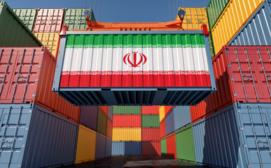 Container Terminal - Shipping Container with Iran flag. 3D Rendering