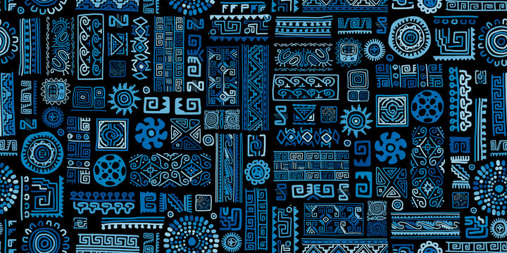 Ethnic blue handmade ornament, seamless pattern