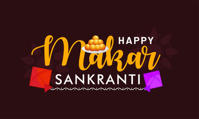 Vector illustration Makar Sankranti with kites and realistic ladoos.