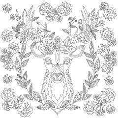 Black and White Deer with flowers for coloring