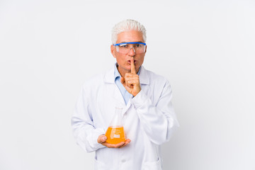Mature chemical man isolated keeping a secret or asking for silence.