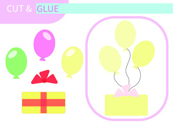 Puzzle-time, mini-game "cut and glue": Easter gift box with a bow and pastel balls. Template for gluing. Print and play