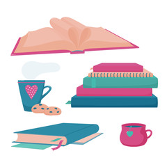 Pile, stack of books and notebooks, closed hardcover book with tassel and markers, cup and mug of hot tea or coffee and cookies, reading club or book blog logo templates, isolated vector illustration