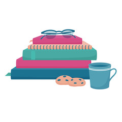 Pile, stack of books and notebooks with glasses on top, cup of hot tea or coffee and couple of cookies, reading club, book blog logo template, cute flat style vector illustration on white background