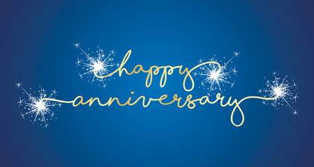 Happy Anniversary handwritten typography sparkle firework line design gold blue background