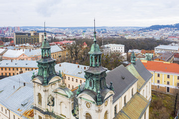 Closeup of The Roman Catholic church of St. Mary Magdalene (House of organ and chamber music) in Lviv, Ukraine. View from drone 