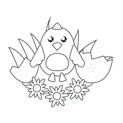 Black and white, outline, coloring page for children: Easter chicken, colored egg shell, with flowers on green grass