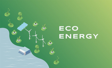 Eco energy flat banner vector template. Natural and renewable power sources use idea, sustainable energy industry poster concept. Water dam, wind turbines and solar panels isometric illustration