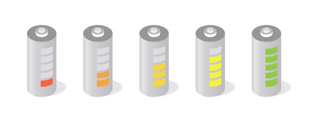 Battery charging stages isometric illustrations set. Accumulator recharging process steps 3D vector symbols isolated on white background. Different battery capacity levels with colorful indicators