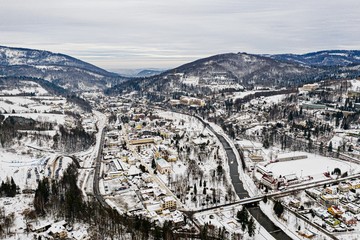 Aerial drone view on Wisla town at winter. Wisla, Silesian Beskid