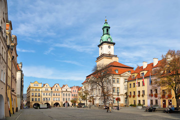 Fototapeta na wymiar Jelenia Gora, Poland. View of Market square (Rynek Jeleniogorski) with historic building of Town Hall