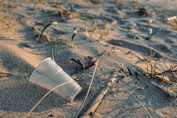 Plastic cocktail glass on sandy sea coast ecosystem,pollution free planet save