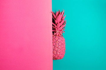 Color pineapple on pink and blue background. Surreal minimalistic art