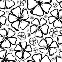 Fototapeta premium Spring background. Flowers hand drawn ink. Black and white seamless pattern. Freehand brush drawing summer texture. Scribbles blooming floral design for wallpaper, wrapping paper, gift wrapper, prints