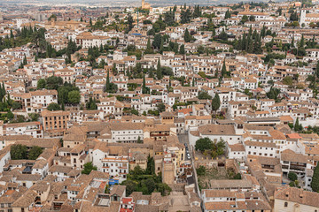 Aerial top view of Granada city in Spain. Houses in the city of Granada in Andalusian neighborhood, Spain