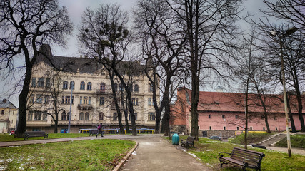Lviv old city architecture with cloudy weather in the winter season