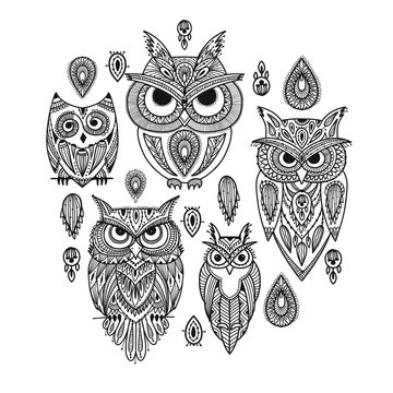 Cute owls family, ornate for your design