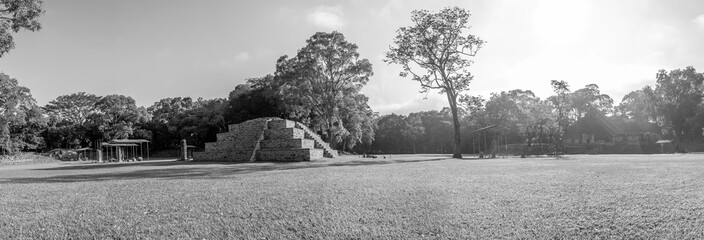Panoramic in the Mayan pyramids in The temples of Copan Ruinas. Honduras
