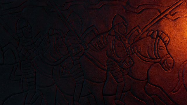 Knights On Horses Middle Ages Stone Carving In Firelight