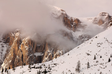Beautiful view of Sella Dolomitic Group during winter season, as seen from Pass Pordoi. South Tyrol in Italy. 