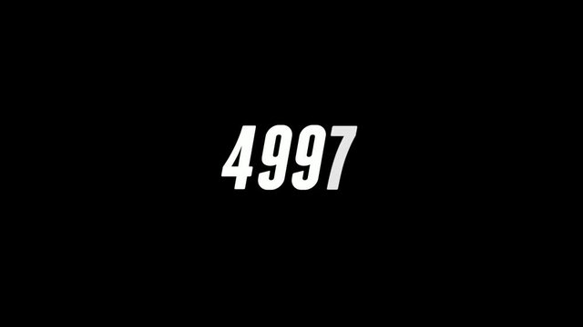 Animated counter 0-5000 white jumping symbols on black background. Flat design counting number to five thousand hits. 4K digital video.