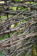 Fototapeta na wymiar Wooden fence made of interwoven thin tree branches