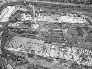 Construction work on the site, aerial view from top down of health buildings