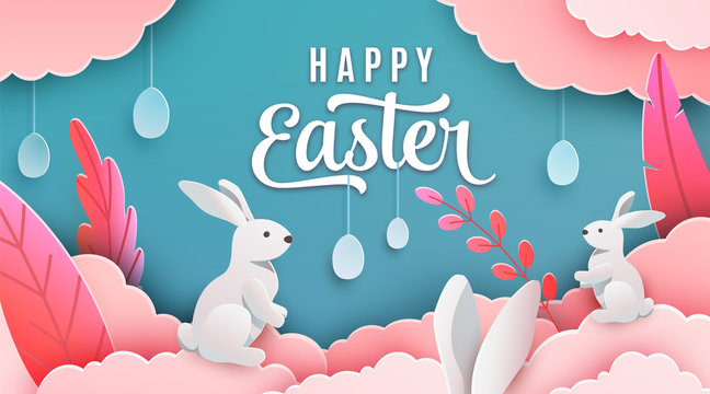 Happy easter banner background. Holiday greeting in paper cut 3d style with clouds, bunny, plant, egg, ears. Vector illustration. Place for your text