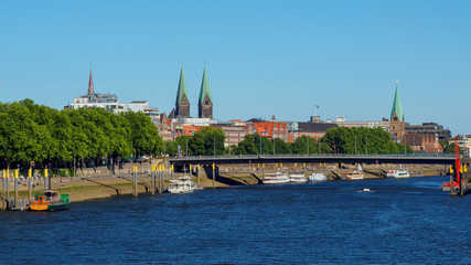 Cityscape along the Weser river in Bremen, Germany