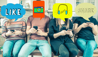 People of the millennium generation use smartphones - speech bubbles and symbols of communication in social media.