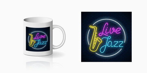 Neonprint of live jazz cafe with live saxophone music on ceramic mug mockup. Branding identity design sign