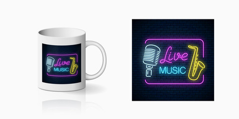 Neonprint of nightclub with live music on ceramic mug mockup including microphone and saxophone.