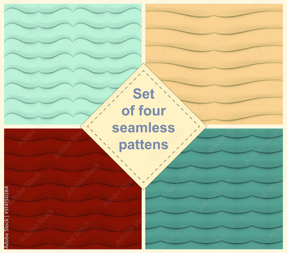 Poster set of four abstract colorful 3d backgrounds, seamless textures with shadow.