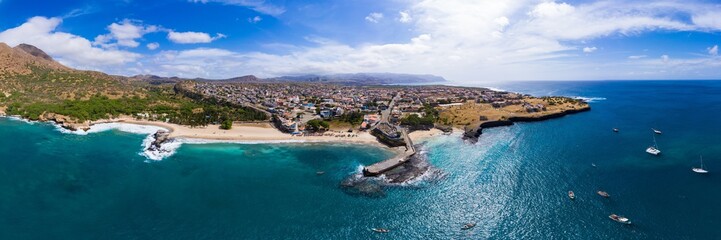 Naklejka na ściany i meble Panoramic aerial view of Tarrafal beach in Santiago island in Cape Verde - Cabo Verde