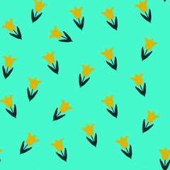 Fototapeta na wymiar Trendy orange Wildflower tulip turquoise seamless pattern . Spring florals on background, texture, wrapper pattern