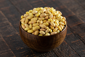 Bowl of Dry Mayocoba Beans on a Rustic Wooden Table