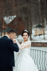 Naklejka premium Newlyweds in winter park are walking around. Handsome groom and beautiful bride surrounded by snow. Winter wedding. The groom kisses the bride's hand