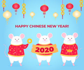 Chinese New Year of the rat 2020. White mouse holding a golden ingot. Mice with money. Design of poster, banner for Spring Festival in China with lanterns