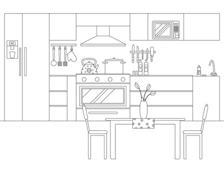 Vector Illustration of Kitchen in Line Art Style. Interior of Cook Room with Modern Furniture, Household Appliances, Cooking Facilities. Monochrome Outline Illustration of Kitchen with Dining Table