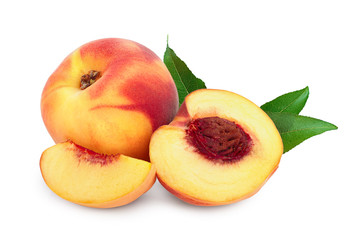 Ripe peach fruit and half with leaf isolated on white background