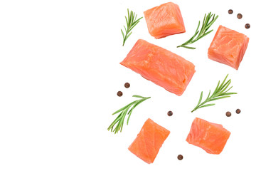 Slice of red fish salmon with rosemary peppercorns isolated on white background with copy space for your text. Top view