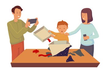 Mom and Dad watch their little son open a gift box.  Cartoon character design. Flat vector illustration 