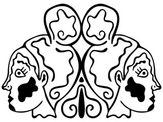 Gemini zodiac sign symbol. Two black and white female heads in profile with abstract patterns turned in different directions. Isolated coloring book, tattoo, t-shirt design. Vector.