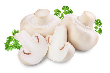 Fototapeta premium Fresh mushrooms champignon and half isolated on white background with clipping path