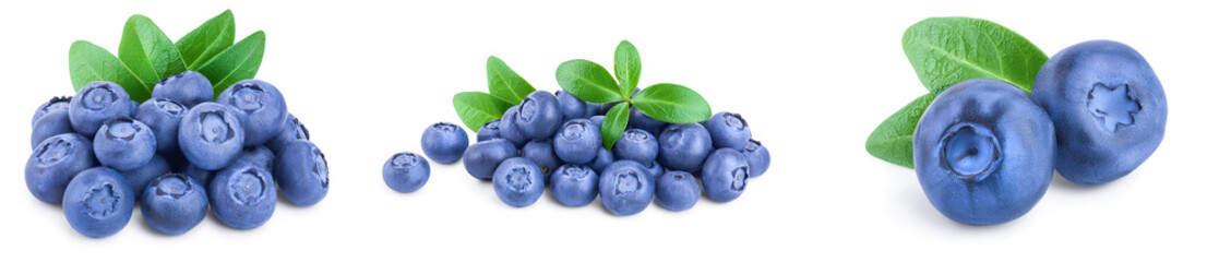 fresh blueberry with leaves isolated on white background closeup. Set or collection