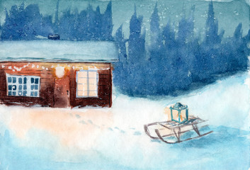 A little watercolor scandinavian wooden hut and a sled with a lantern in a winter night
