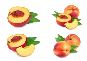 Nectarine fruit with leaf isolated on white background. Set or collection