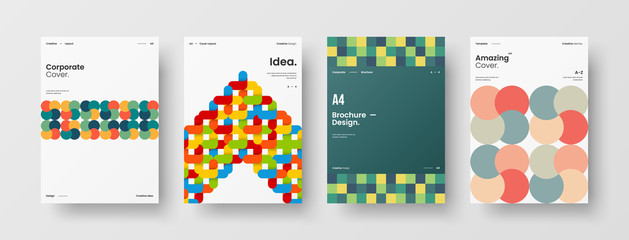 Business presentation vector A4 vertical orientation front page mock up set. Corporate report cover abstract geometric illustration design layout bundle. Company identity brochure template collection. © kitka