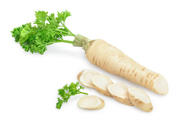 Parsley root with slices and leaves isolated on white background - obrazy, fototapety, plakaty