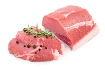 Raw pork meat with rosemary and peppercorn isolated on white background